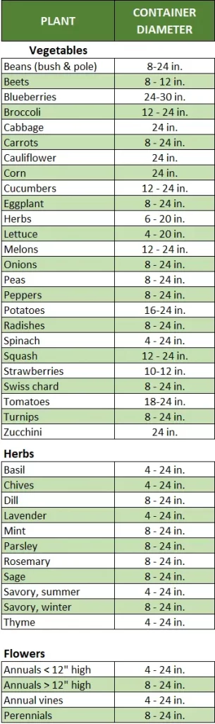 Container sizes for plants