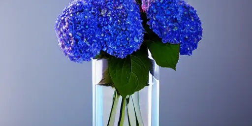 Hydrangeas in a clear glass vase, created by AI