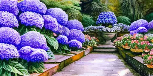 Watercolor of hydrangeas in a garden created by AI