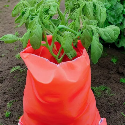 KI-generiertes Bild einer Tomatenpflanze, die in einem Stoffbeutel wächst