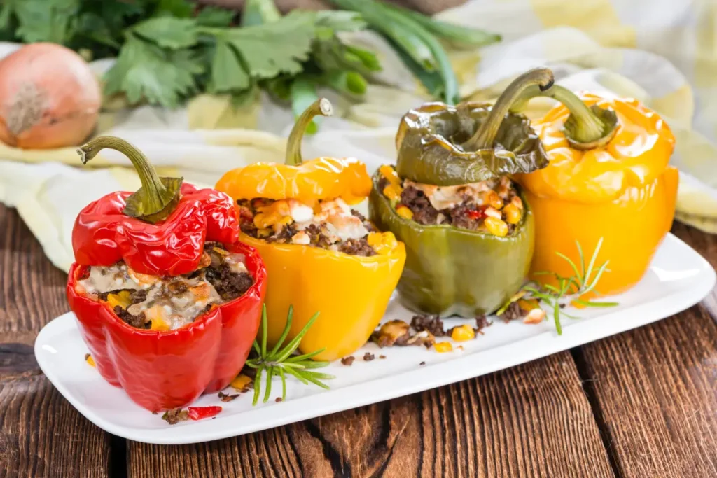 La felicità dei peperoni! Trasforma i tuoi peperoni coltivati in casa in capolavori culinari farcindoli con una deliziosa miscela di riso, proteine ed erbe aromatiche. 